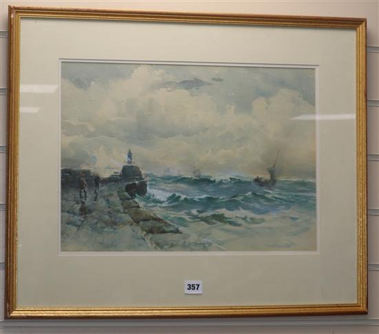 Scottish School, watercolour, Fishing boats alongside a jetty, indistinctly signed and dated 1926, 33 x 46cm